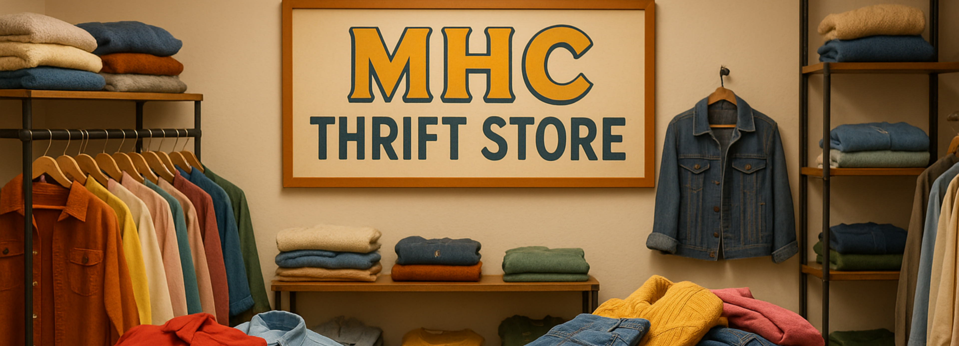 box of clothes on the left and right MHC Thrift Store in the middle